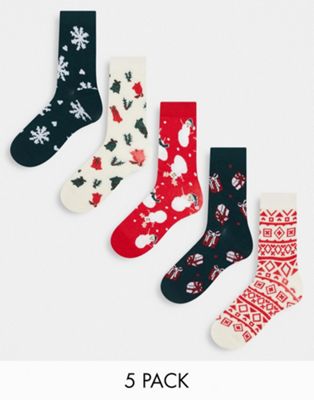 Monki 5 pack christmas print socks in red and white