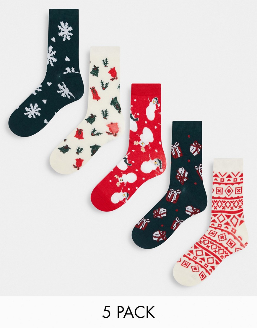Monki 5 pack christmas print socks in red and white-Multi