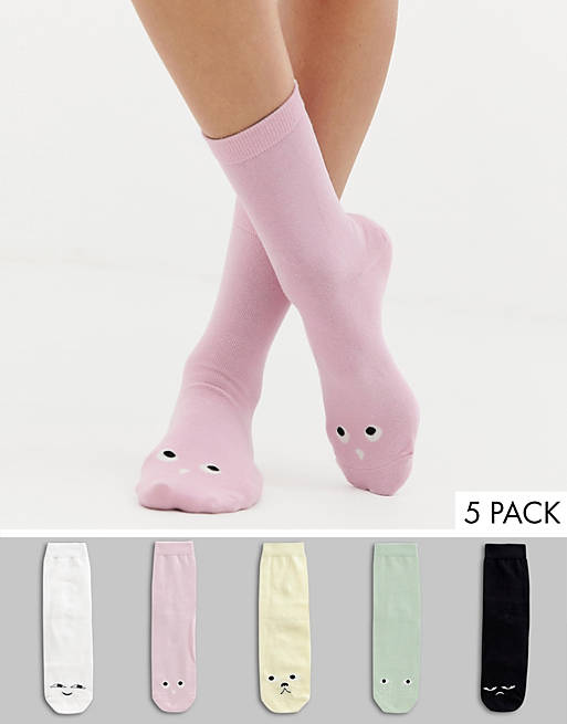 Monki 5 pack organic cotton blend cute face socks | ASOS