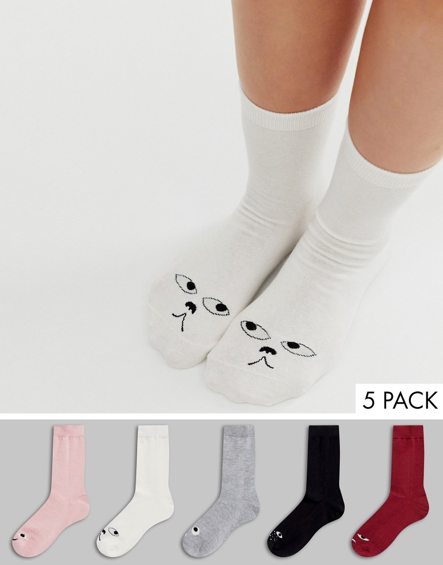 Monki 5 pack organic cotton blend cute face socks-Multi