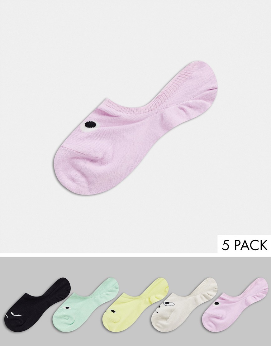 Monki 5 pack organic cotton face sneaker socks in multi