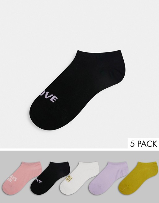 Monki 5 pack organic cotton slogan sneaker sock in multi