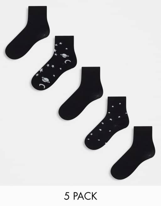 Monki 5 pack planet and star print socks in black