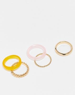 Monki 5 pack rings in gold and orange