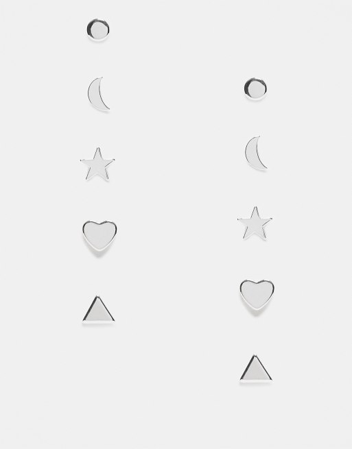 Monki 5 pack stud earrings star, moon, triangle, circle and heart in silver