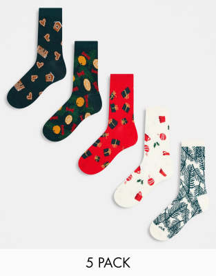 Monki - 5er-Pack Socken in Grün, Rot und Beige mit Weihnachtsmotiven-Bunt