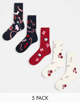 Monki - 5er-Pack Socken in Marineblau, Rot und Beige mit Weihnachtsmotiven-Bunt