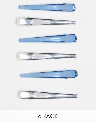 Monki 6 pack hair clips in blue and silver metallic