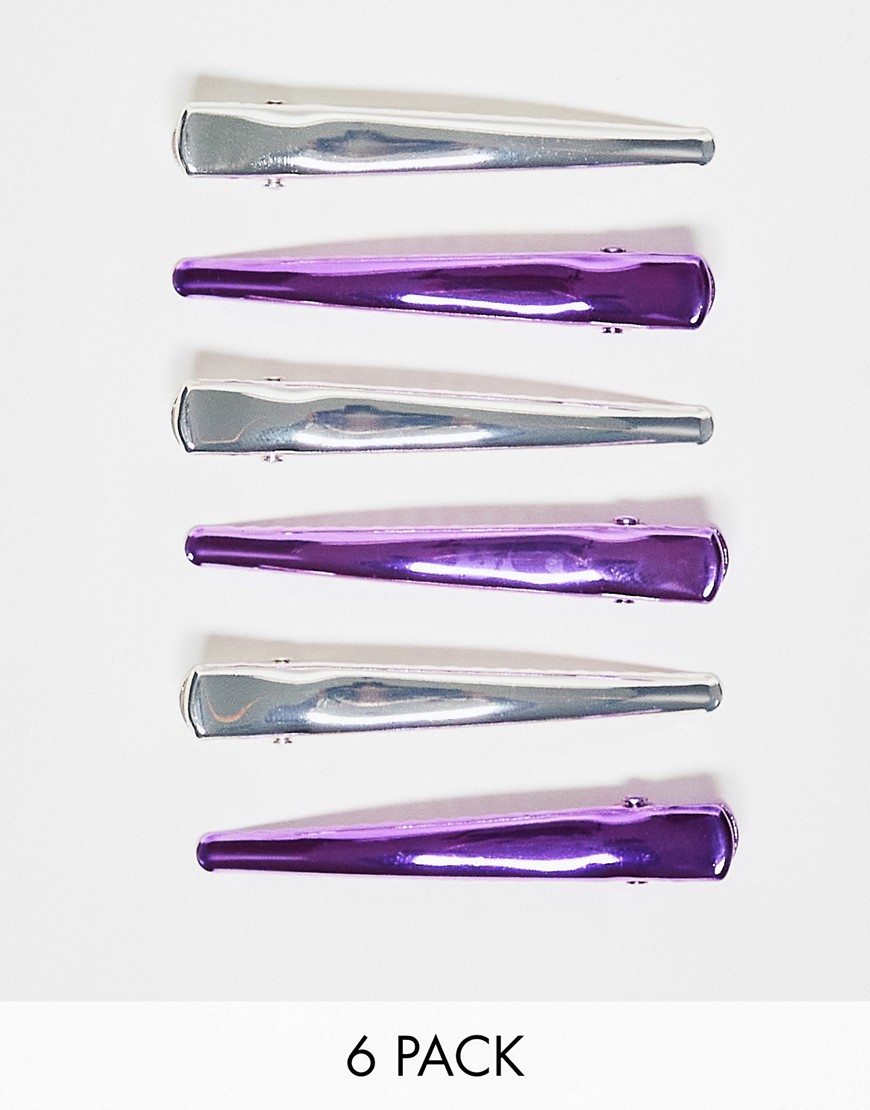 Monki 6 pack hair clips in purple and silver metallic-Multi