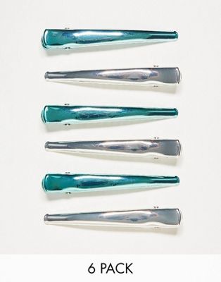 Monki 6 pack hair clips in turquoise and silver metallic
