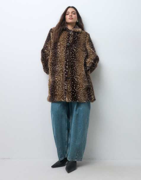 Monki 70s faux fur coat in brown deer print - view 1