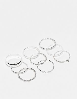Monki 9 pack rings in silver
