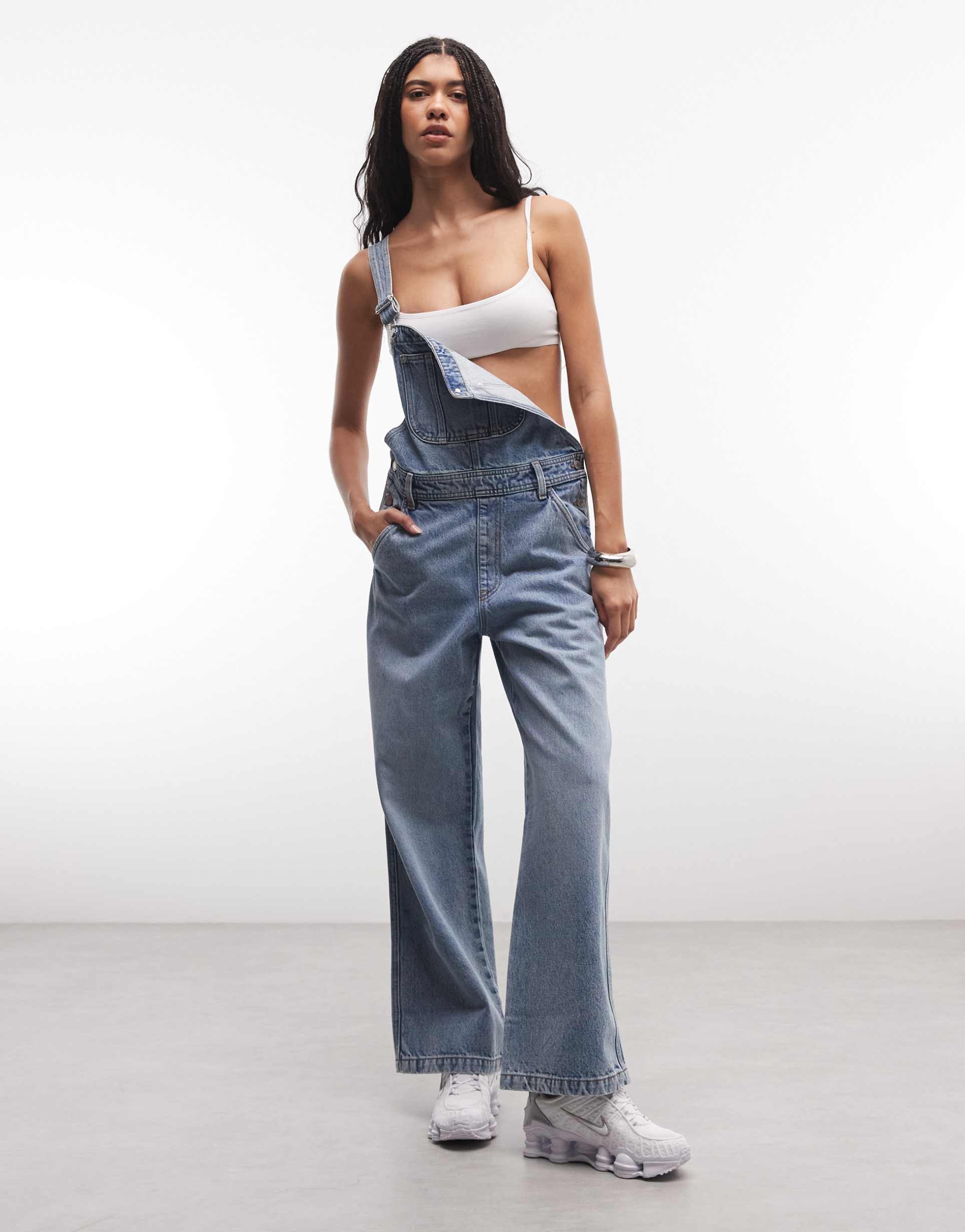 monki 90s denim wide leg overalls jumpsuit in light blue wash
