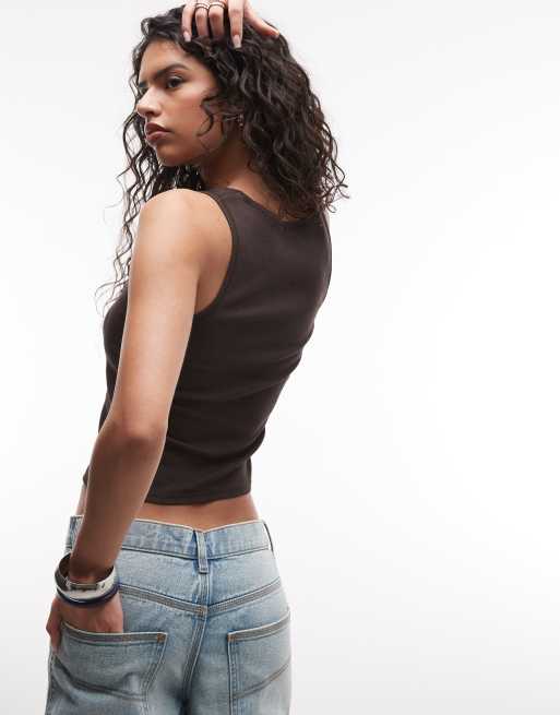 Monki 90s ribbed tank top in dark brown, 4 of 4