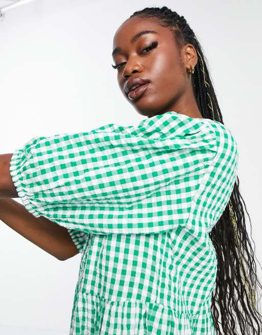 Monki - Aangerimpelde jurk van seersucker met pofmouwen en gingham ruit in groen, 3 van 4