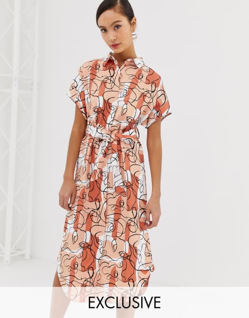 Monki abstract face tie waist midi shirt dress in camo pink | ASOS