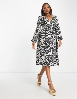 Monki abstract print puff sleeve midi dress in multi