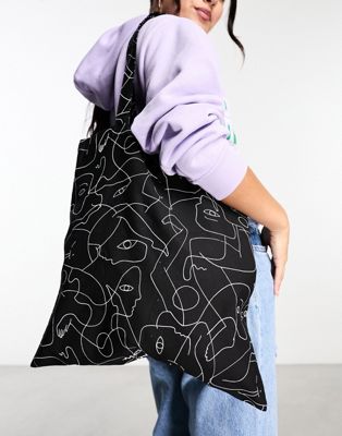 Monki abstract print tote bag in black and white