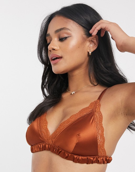 Monki Agata recyled satin bralet with lace trim in rust