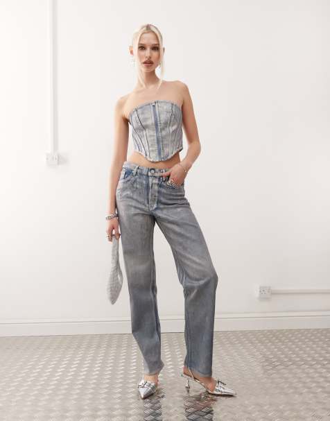 Monki Aimo denim corset top and straight leg jeans set in holographic wash - view 1