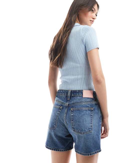 Monki Aimo relaxed denim shorts in mid blue wash  