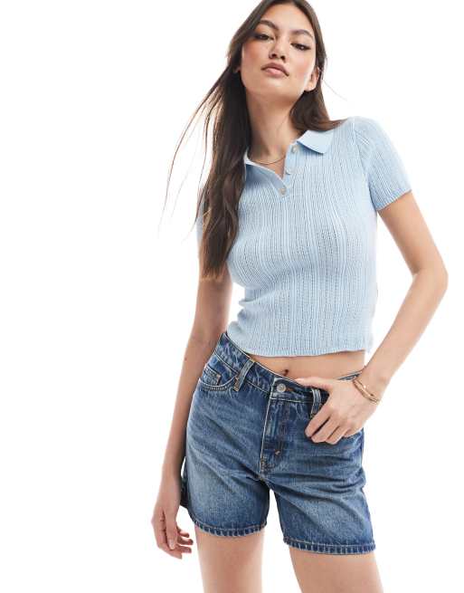 Monki Aimo relaxed denim shorts in mid blue wash  , 3 of 5