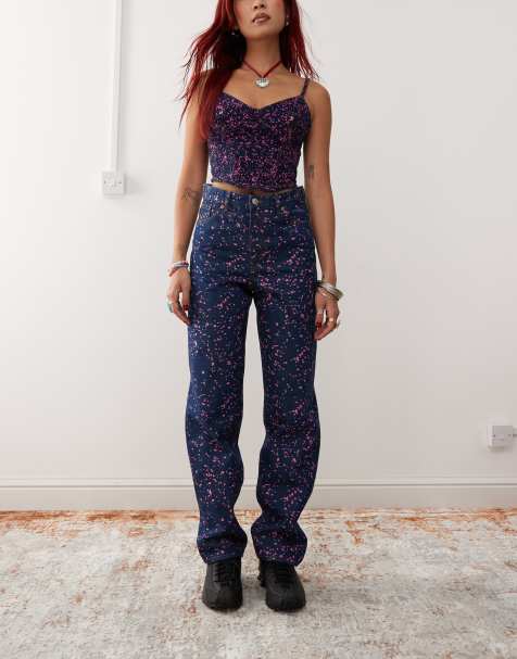 Monki Aimo straight leg jeans in dark blue with pink paint splatter print (part of a set) - view 1