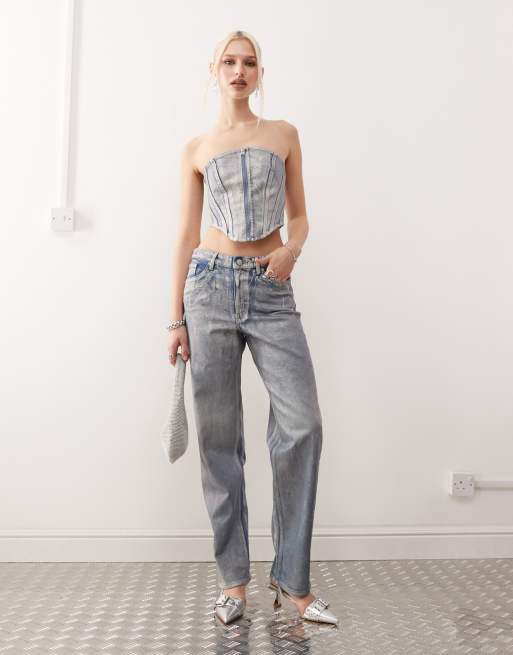 Monki Aimo straight leg jeans in holographic wash (part of a set)