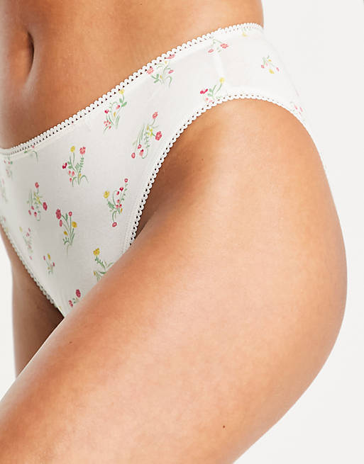 Monki Aina mix and match cotton floral print brief in white - WHITE