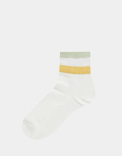 Monki Alda organic cotton multi coloured stripe socks in green
