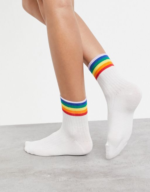 Monki Alda organic cotton rainbow trim socks in white | ASOS