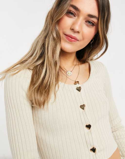 Monki - Aliana - Cardigan lavorato a maglia con bottoni a cuore, colore bianco, 3 di 4