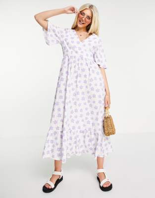 Monki Alice floral print midi seersucker dress in white