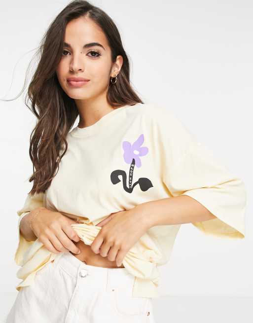 Monki Alicia cotton floral print longline t-shirt in yellow - YELLOW, 4 of 4