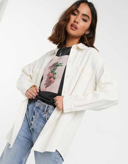 Monki Allison camisa vaquera oversize de algodón en color crudo - CREMA
