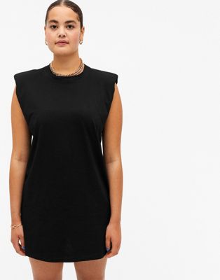 Monki Alvina cotton t-shirt mini dress with shoulder pads in black - BLACK - ASOS Price Checker