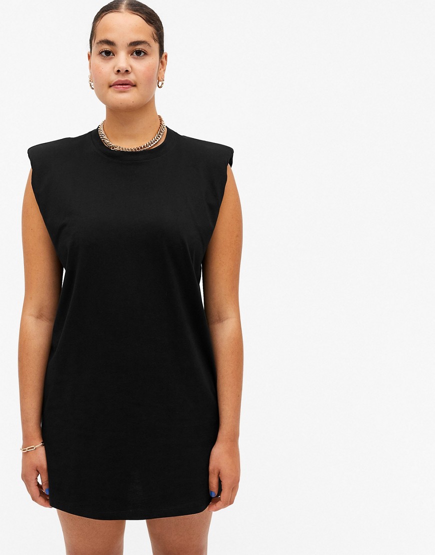 Monki Alvina organic cotton t-shirt mini dress with shoulder pads in black
