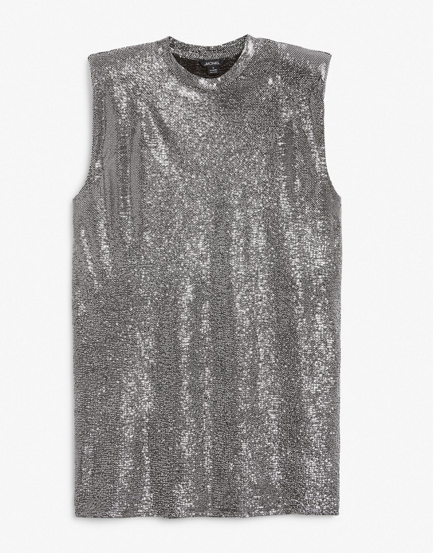 Monki Alvina t-shirt mini dress with shoulder pads in glitter-Silver