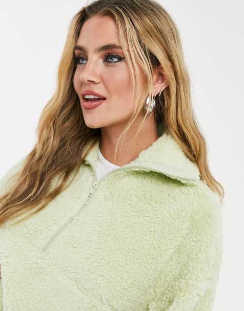 Monki Amalia fleece sweatshirt with zip funnel neck in sage green - MGREEN - view 1