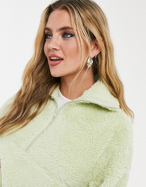 Monki Amalia fleece sweatshirt with zip funnel neck in sage green - MGREEN