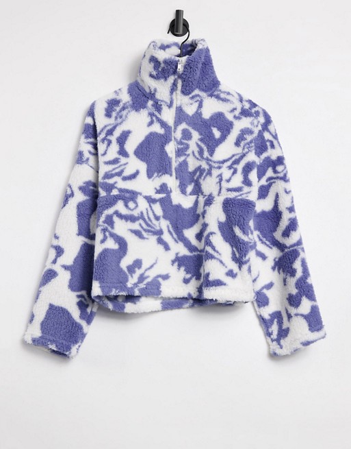 Monki Amalia recycled fleece sweatshirt with zip funnel neck in swirl print