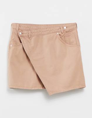 Monki Amalie cotton cross over denim mini skirt in tan - ASOS Price Checker