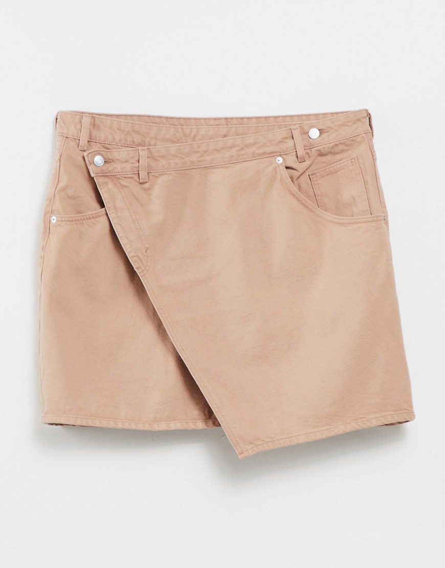 Monki Amalie cotton cross over denim mini skirt in tan-Brown