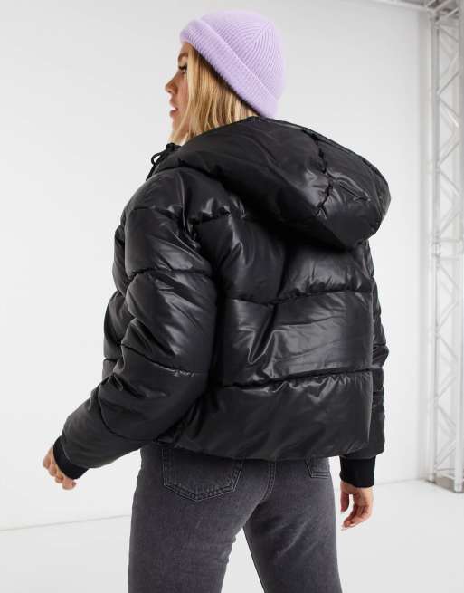 Monki Amber faux leather short padded jacket with hood in black