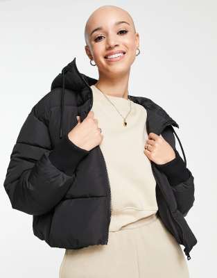 Monki Amber recycled short padded jacket with hood in black | ASOS