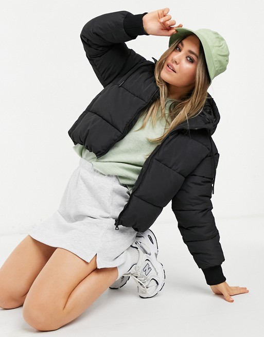 Monki Amber recycled short padded jacket with hood in black