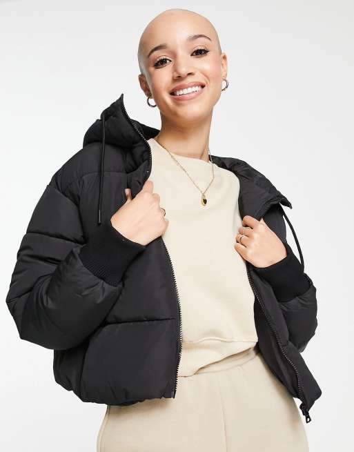 Monki short padded jacket with hood in black | ASOS