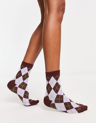 Monki ankle sock in lilac and brown argyle print