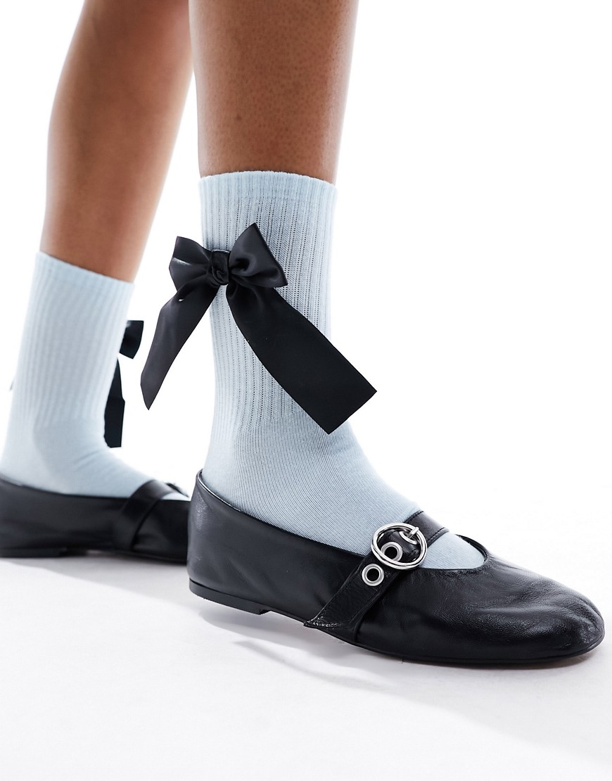 Monki ankle sock with black satin bow in dusty blue