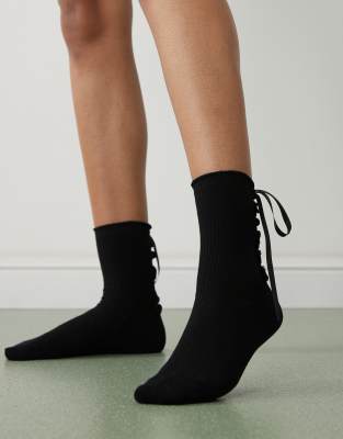 Monki ankle sock with lace up detail in black-White